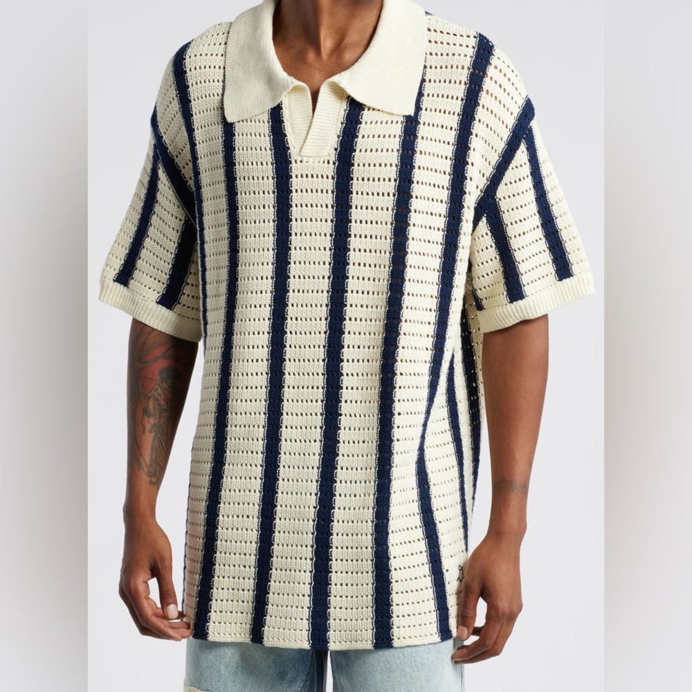 NWT DIET STARTS MONDAY Stripe Open Knit Polo Sweater/
Shirt 100%Cotton